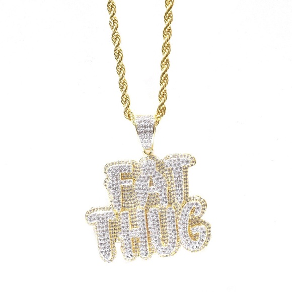 14k Gold Finish Lab Diamond FAT THUG Charm Chain - Picture 1 of 4